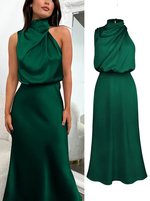 Satin Dress - Sleeveless - High Neck - Midi Dress - Elegant Dress-Grace Aura