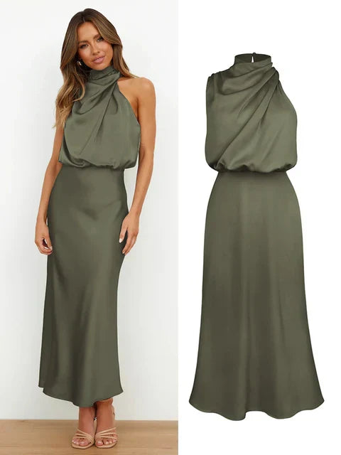 Satin Dress - Sleeveless - High Neck - Midi Dress - Elegant Dress-Grace Aura