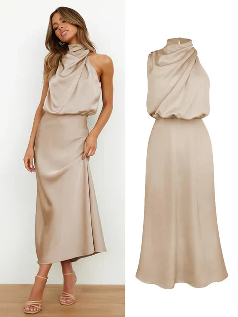 Satin Dress - Sleeveless - High Neck - Midi Dress - Elegant Dress-Grace Aura