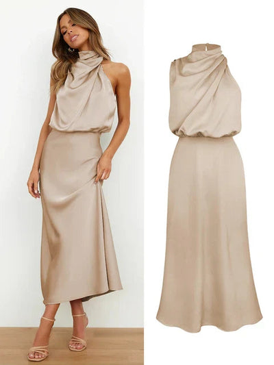 Satin Dress - Sleeveless - High Neck - Midi Dress - Elegant Dress-Grace Aura