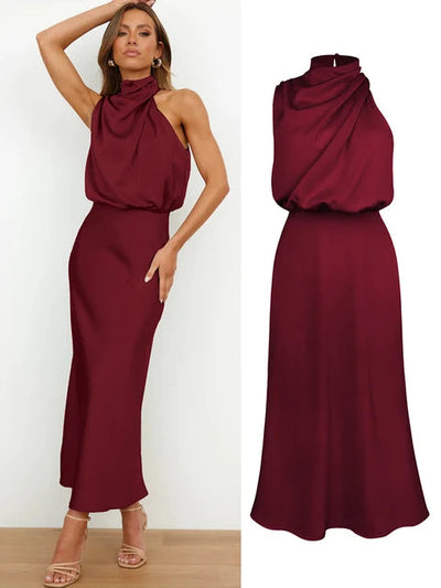 Satin Dress - Sleeveless - High Neck - Midi Dress - Elegant Dress-Grace Aura