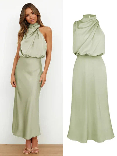 Satin Dress - Sleeveless - High Neck - Midi Dress - Elegant Dress-Grace Aura