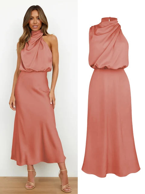 Satin Dress - Sleeveless - High Neck - Midi Dress - Elegant Dress-Grace Aura