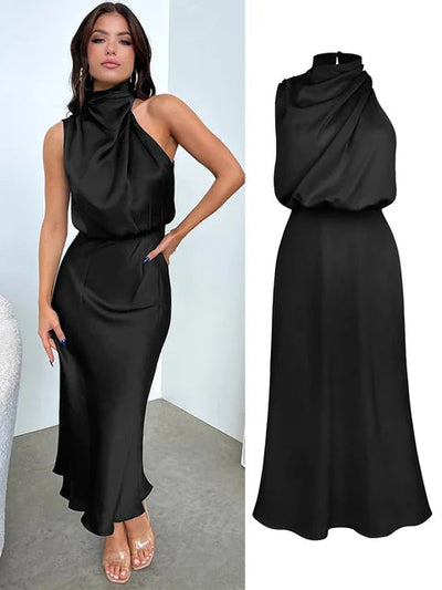 Satin Dress - Sleeveless - High Neck - Midi Dress - Elegant Dress-Grace Aura