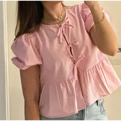 Short Sleeve Blouse - Loose Fit - Tie-Front - Puff Sleeve Top - Women's Clothing-Grace Aura