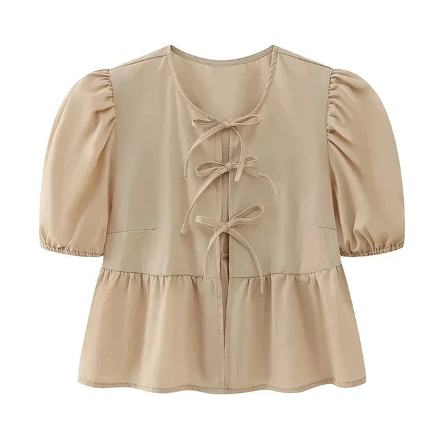 Short Sleeve Blouse - Loose Fit - Tie-Front - Puff Sleeve Top - Women's Clothing-Grace Aura