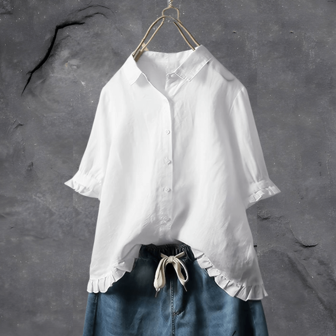 Short Sleeve Blouse - Women's Oversized Ruffle Button-Up Shirt-Grace Aura