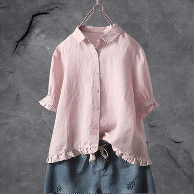 Short Sleeve Blouse - Women's Oversized Ruffle Button-Up Shirt-Grace Aura