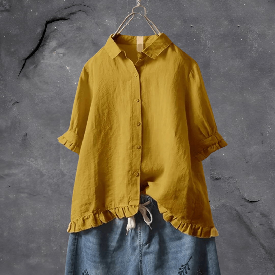 Short Sleeve Blouse - Women's Oversized Ruffle Button-Up Shirt-Grace Aura