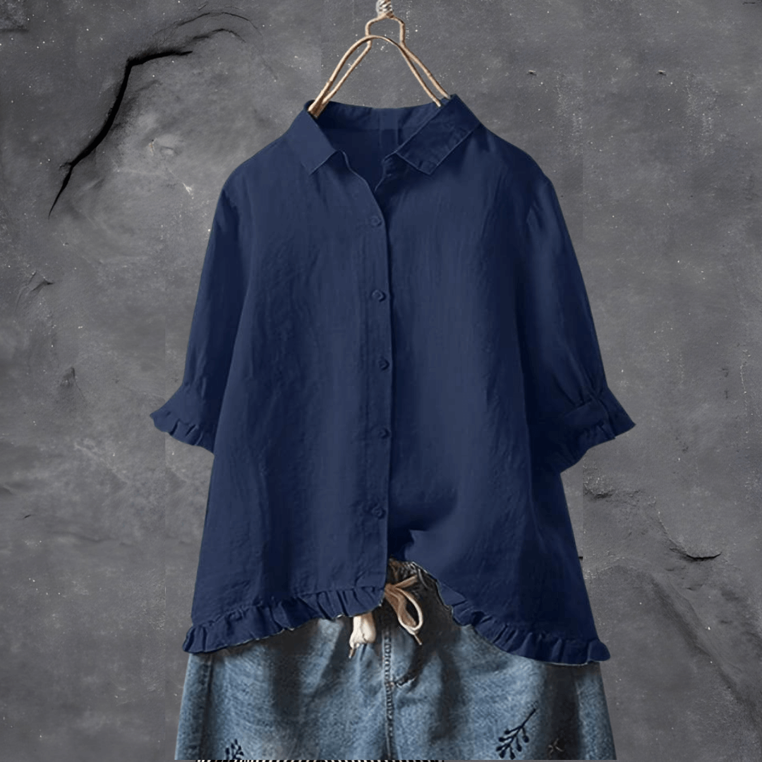 Short Sleeve Blouse - Women's Oversized Ruffle Button-Up Shirt-Grace Aura