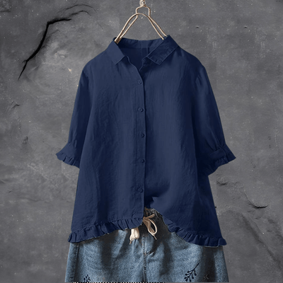 Short Sleeve Blouse - Women's Oversized Ruffle Button-Up Shirt-Grace Aura