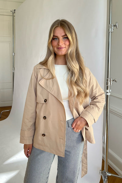 Short Trench Coat - Belt - Double Breasted - Beige Trench Coat - Trench Coat Women-Grace Aura