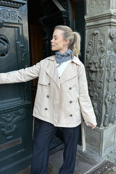 Short Trench Coat - Belt - Double Breasted - Beige Trench Coat - Trench Coat Women-Grace Aura