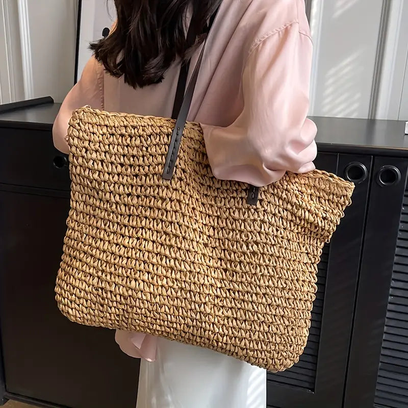 Shoulder Bag - Woven Carrier Tote Bag with Leather Straps-Grace Aura