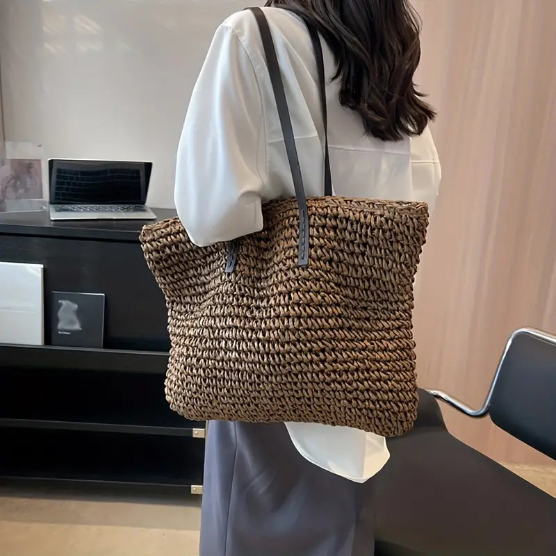 Shoulder Bag - Woven Carrier Tote Bag with Leather Straps-Grace Aura