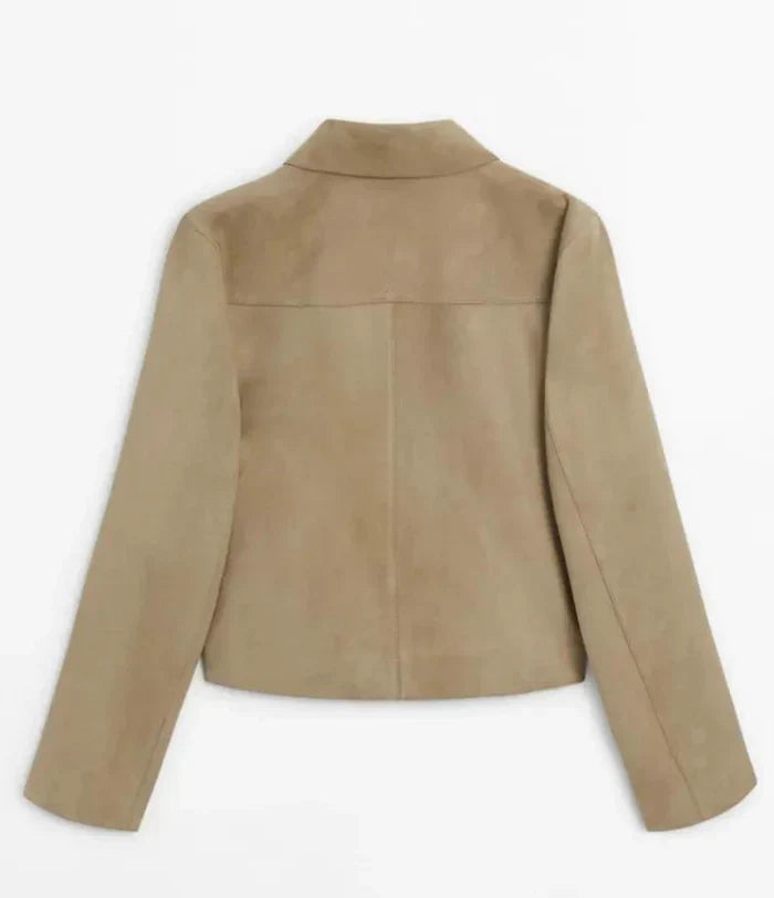 Suede Jacket - Women's Thin Button-Up Beige Suedette Jacket-Grace Aura