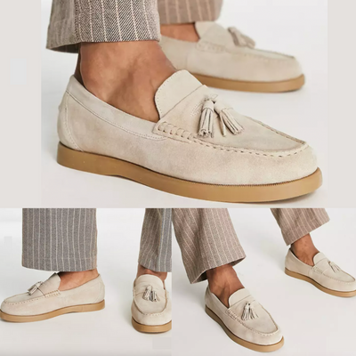 Suede Loafers - Beige - Tassel - Slip-On Shoes - Men's Loafers-Grace Aura