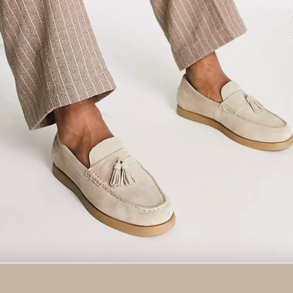 Suede Loafers - Beige - Tassel - Slip-On Shoes - Men's Loafers-Grace Aura