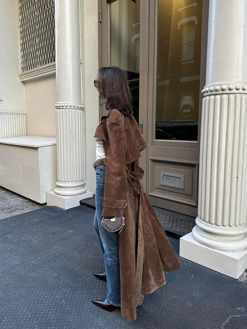 Suede Trench Coat - Brown - Double Breasted - Long Trench Coat - Women's Coats-Grace Aura