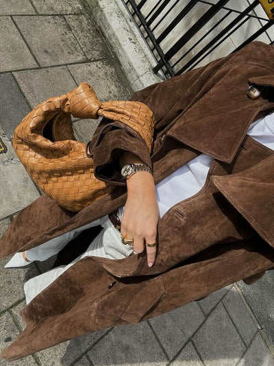 Suede Trench Coat - Brown - Double Breasted - Long Trench Coat - Women's Coats-Grace Aura