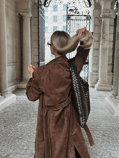 Suede Trench Coat - Brown - Double Breasted - Long Trench Coat - Women's Coats-Grace Aura