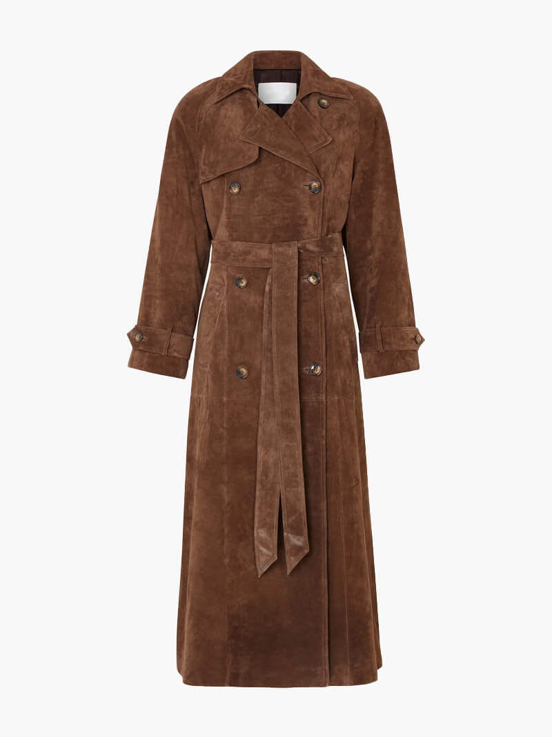 Suede Trench Coat - Brown - Double Breasted - Long Trench Coat - Women's Coats-Grace Aura