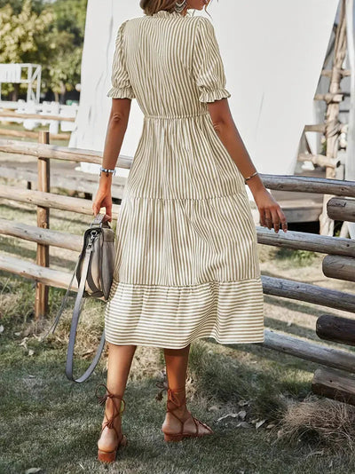 Summer Dress, Striped, Half Sleeve, Midi Dress, Sundresses-Grace Aura