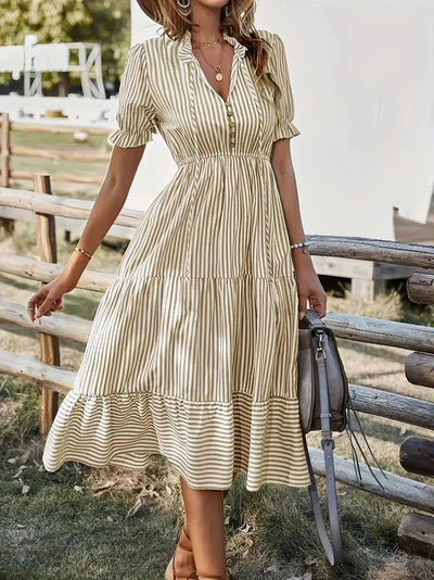 Summer Dress, Striped, Half Sleeve, Midi Dress, Sundresses-Grace Aura