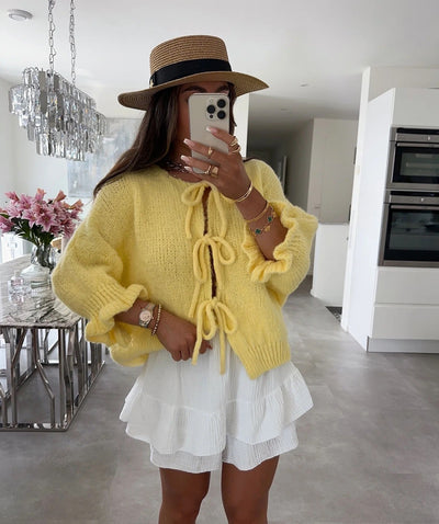 Tie Front Cardigan - Women's Yellow Loose Fit Knitted Tie Up Cardigan-Grace Aura