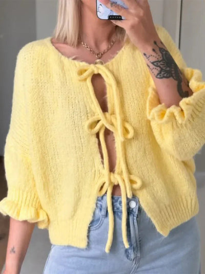 Tie Front Cardigan - Women's Yellow Loose Fit Knitted Tie Up Cardigan-Grace Aura