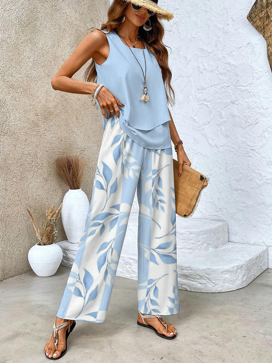 Top and Pants Set | Wide Leg | Sleeveless | Two-Piece Set | Women's Co-Ord Set-Grace Aura