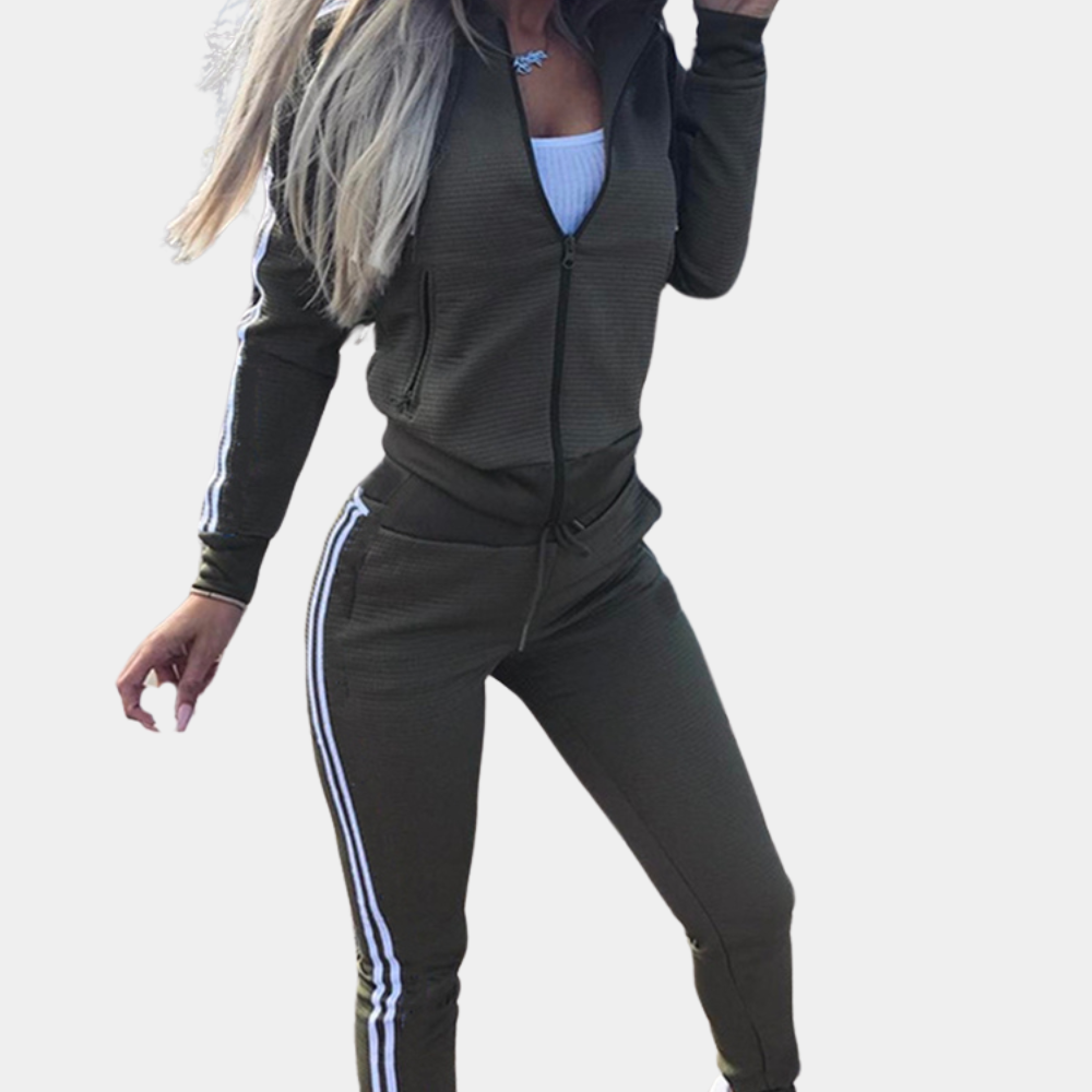 Tracksuit - Two-piece jogging set for women with hood, stripes and zipper-Grace Aura