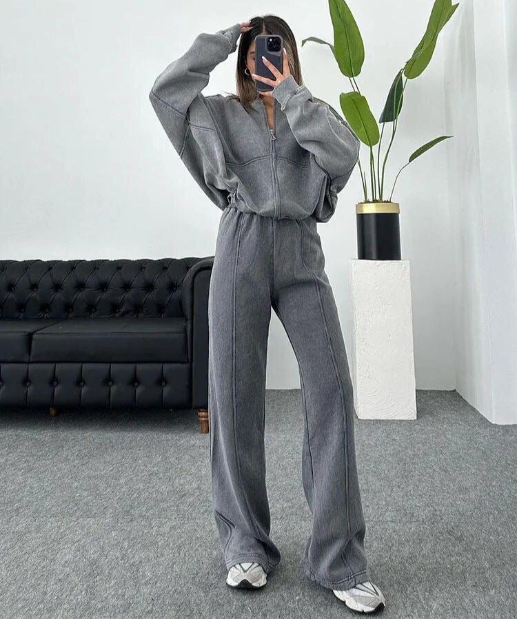 Tracksuit - Zip-Up - Wide Leg Joggers - Co-Ord Set - Women's Jogger Sets-Grace Aura