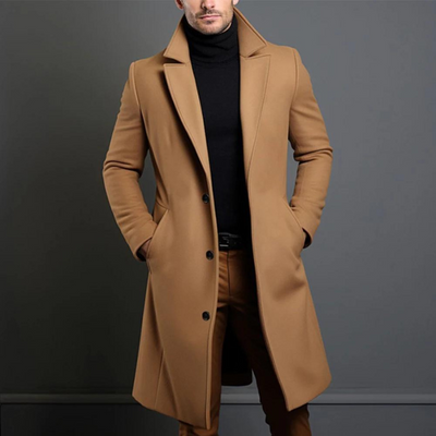 Trench Coat - Men's Classic Long Single Breasted Wool Trench Coat-Grace Aura