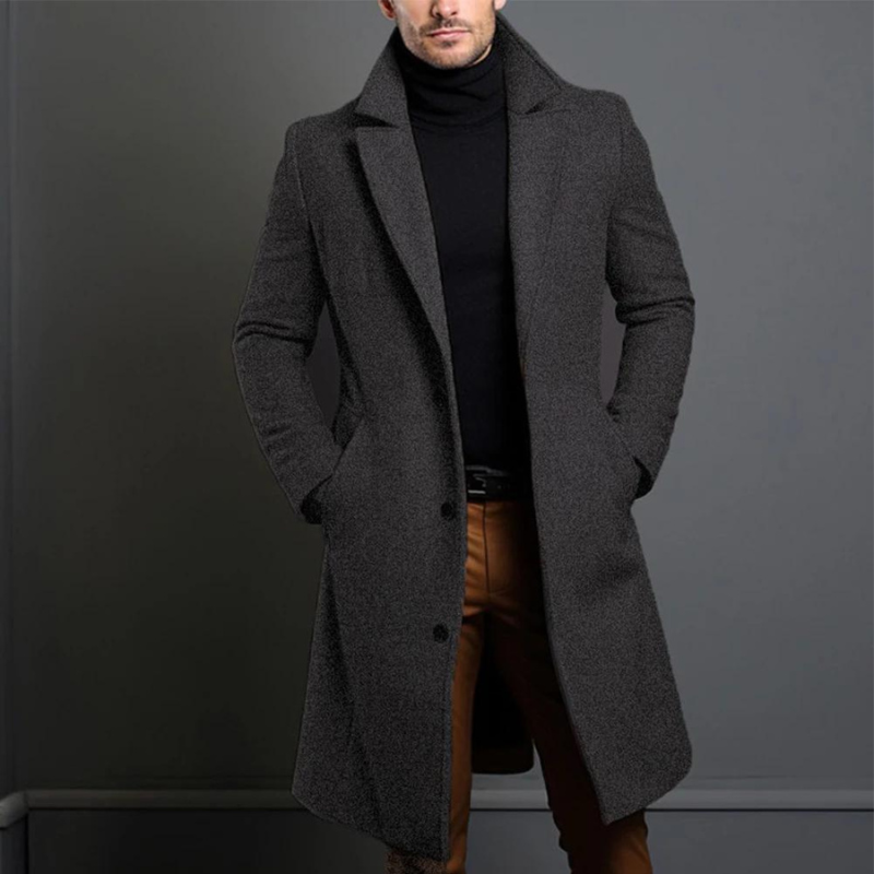 Trench Coat - Men's Classic Long Single Breasted Wool Trench Coat-Grace Aura