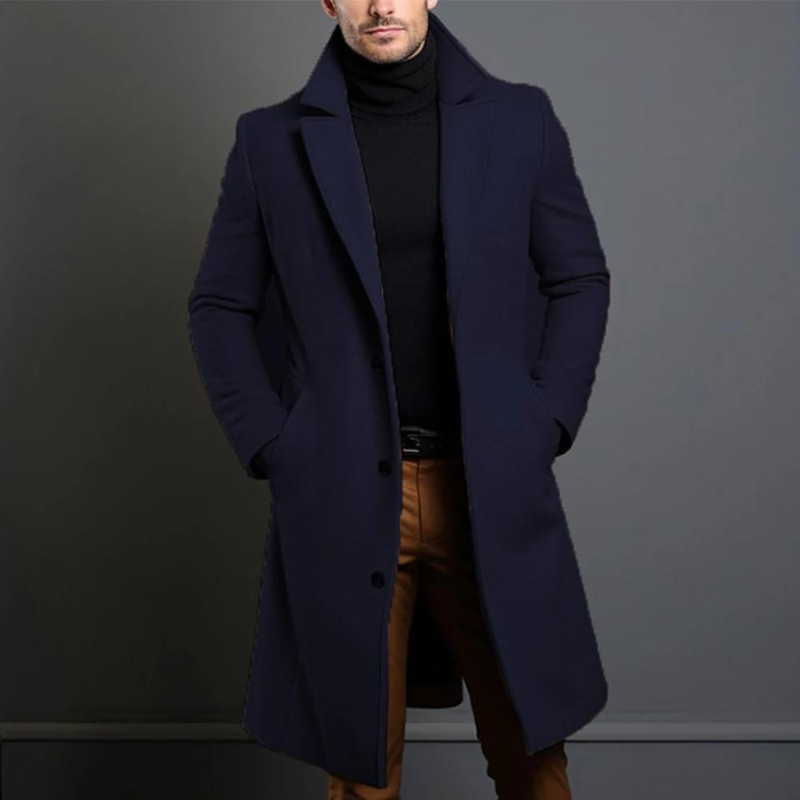 Trench Coat - Men's Classic Long Single Breasted Wool Trench Coat-Grace Aura