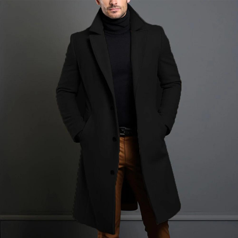 Trench Coat - Men's Classic Long Single Breasted Wool Trench Coat-Grace Aura