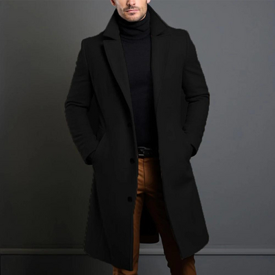 Trench Coat - Men's Classic Long Single Breasted Wool Trench Coat-Grace Aura