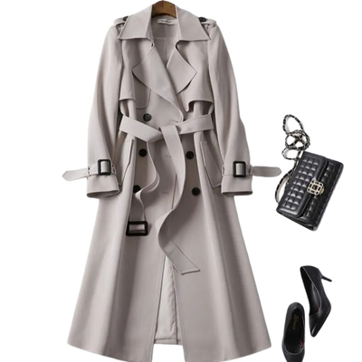 Trench Coat - Women's Classic Double Breasted Long Trench Coat-Grace Aura