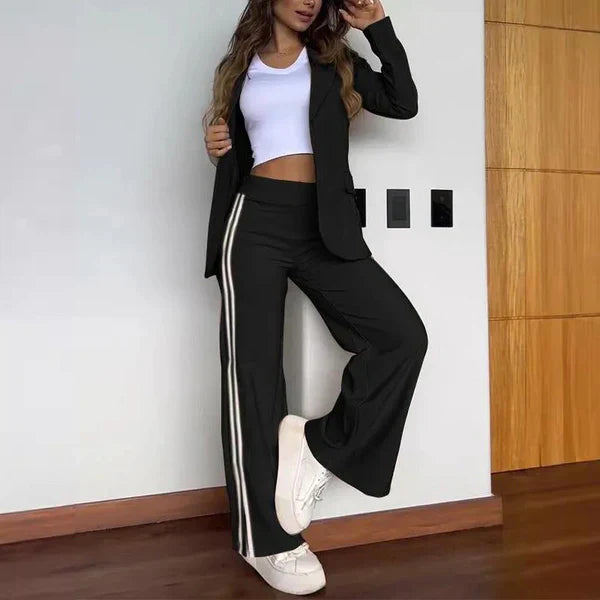 Two-Piece Set - Women's Casual Blazer and Wide Leg Pants Co-Ord Set-Grace Aura