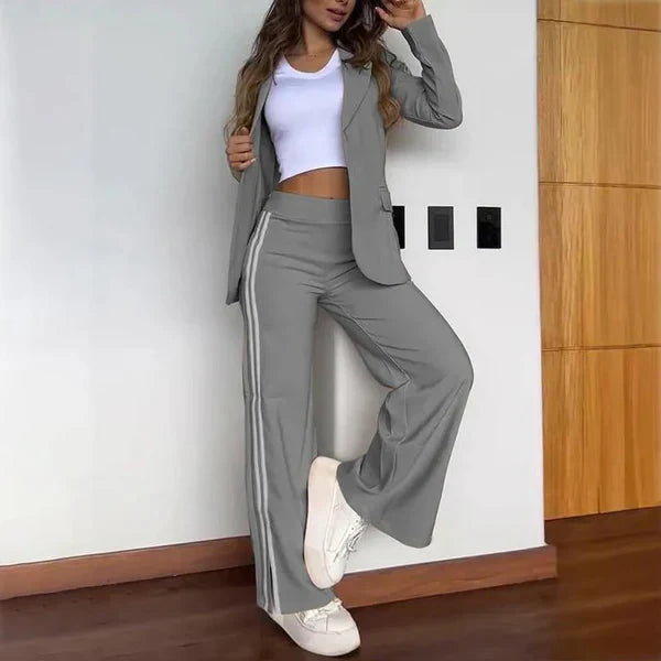 Two-Piece Set - Women's Casual Blazer and Wide Leg Pants Co-Ord Set-Grace Aura