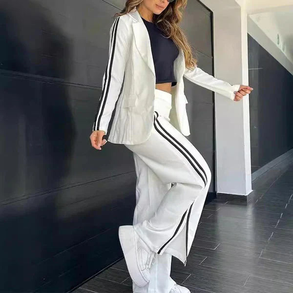 Two-Piece Set - Women's Casual Blazer and Wide Leg Pants Co-Ord Set-Grace Aura