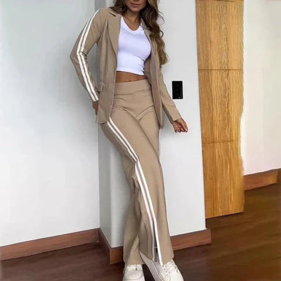 Two-Piece Set - Women's Casual Blazer and Wide Leg Pants Co-Ord Set-Grace Aura