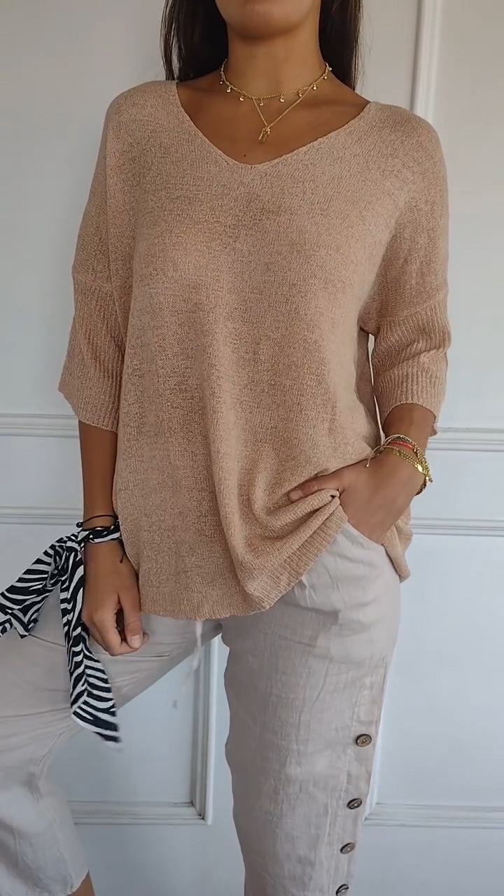 V-Neck Sweater - Loose Fit - Half Sleeve - Knit Long sleeve - Women's Clothing-Grace Aura