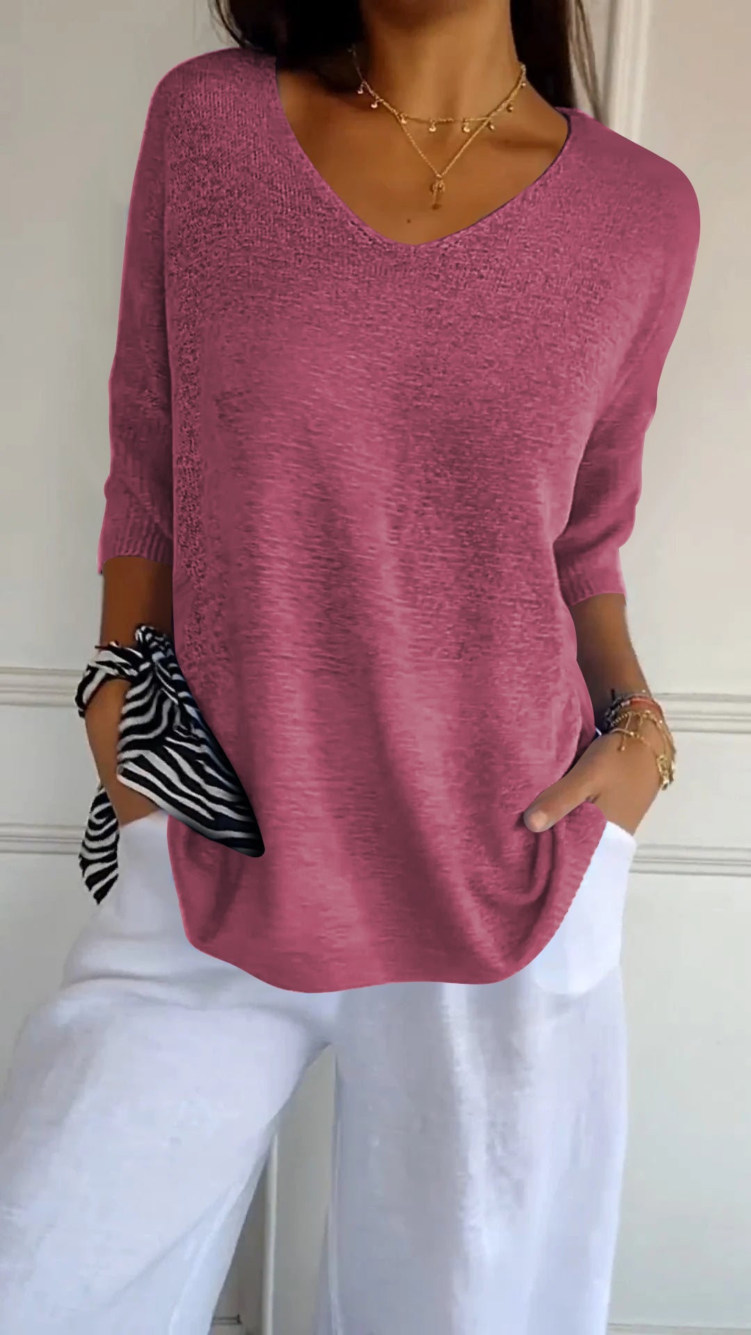 V-Neck Sweater - Loose Fit - Half Sleeve - Knit Long sleeve - Women's Clothing-Grace Aura