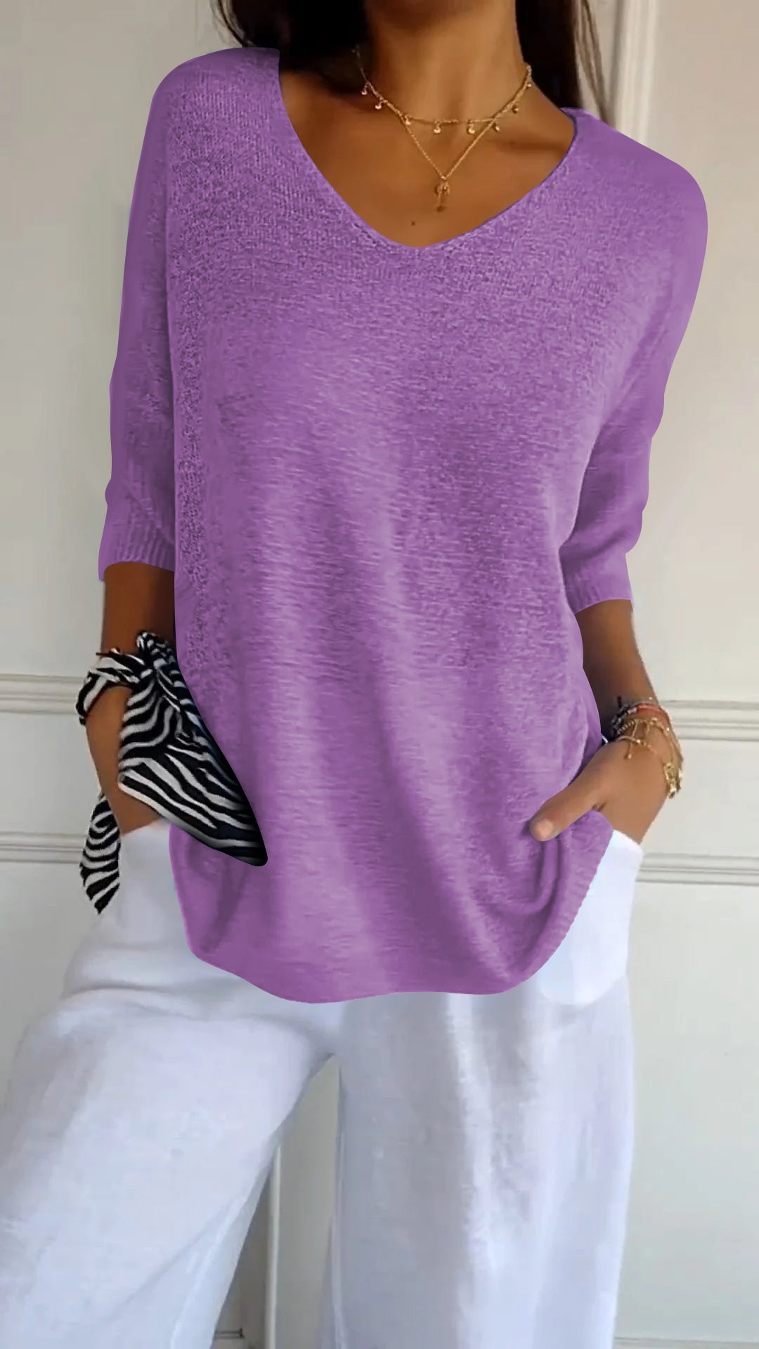 V-Neck Sweater - Loose Fit - Half Sleeve - Knit Long sleeve - Women's Clothing-Grace Aura