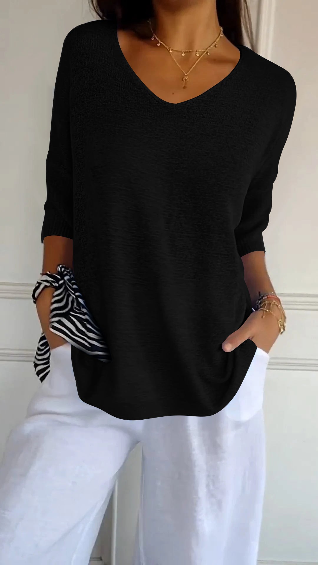 V-Neck Sweater - Loose Fit - Half Sleeve - Knit Long sleeve - Women's Clothing-Grace Aura