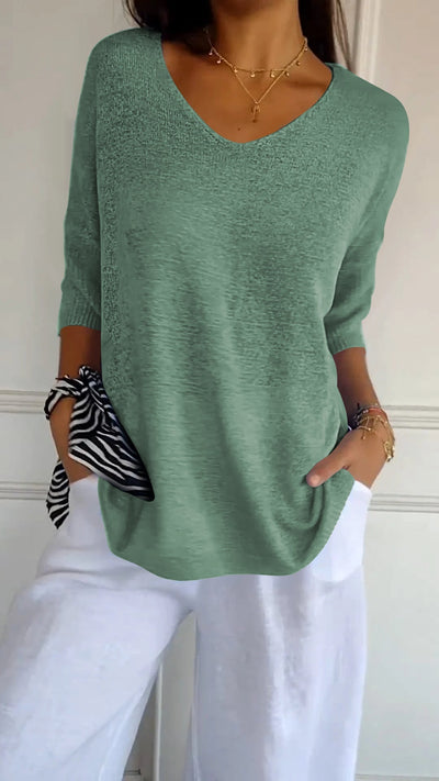 V-Neck Sweater - Loose Fit - Half Sleeve - Knit Long sleeve - Women's Clothing-Grace Aura