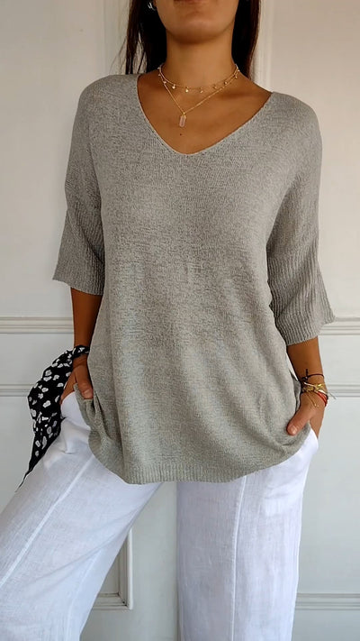 V-Neck Sweater - Loose Fit - Half Sleeve - Knit Long sleeve - Women's Clothing-Grace Aura