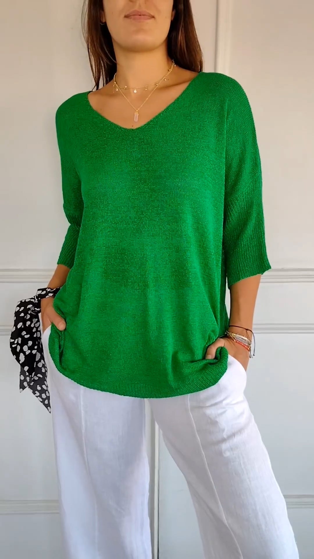 V-neck Blouse - Knitted - Long - Half Sleeve Top - Women's Sweater-Grace Aura